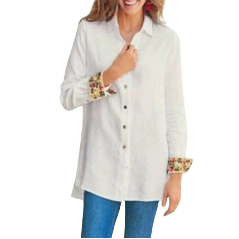 Soft Surroundings Flora Blanco Embroidered Cuff Linen Gold Button Blouse Size M